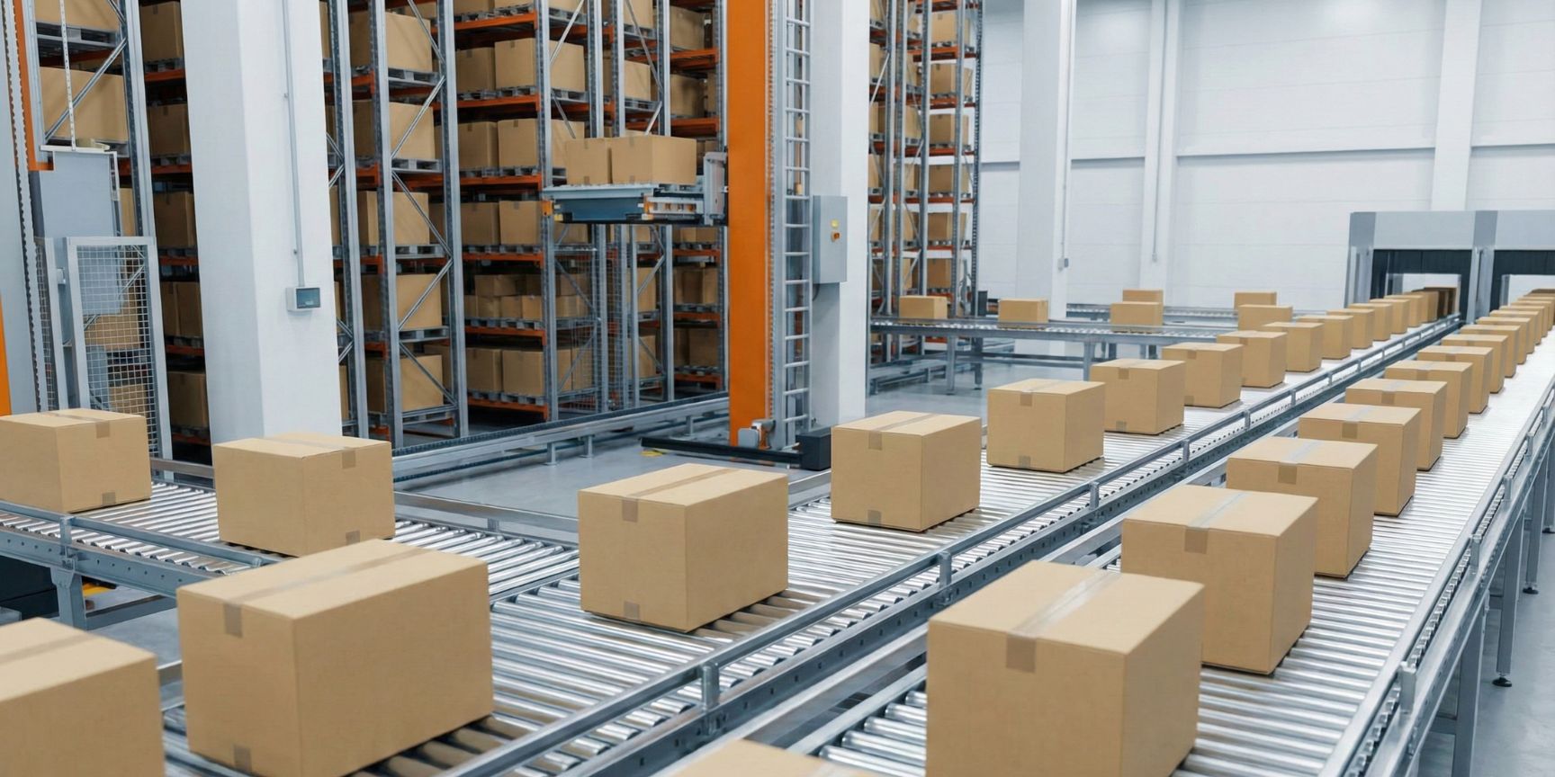 Automatisiertes Fördersystem in einem Logistikzentrum, das eine große Anzahl gleichartiger Kartons transportiert. Im Hintergrund ist ein automatisiertes Kleinteilelager (AKL) mit Regalbediengerät zu sehen, ideal für die Handhabung von Schnellläufern mit hohem Durchsatz